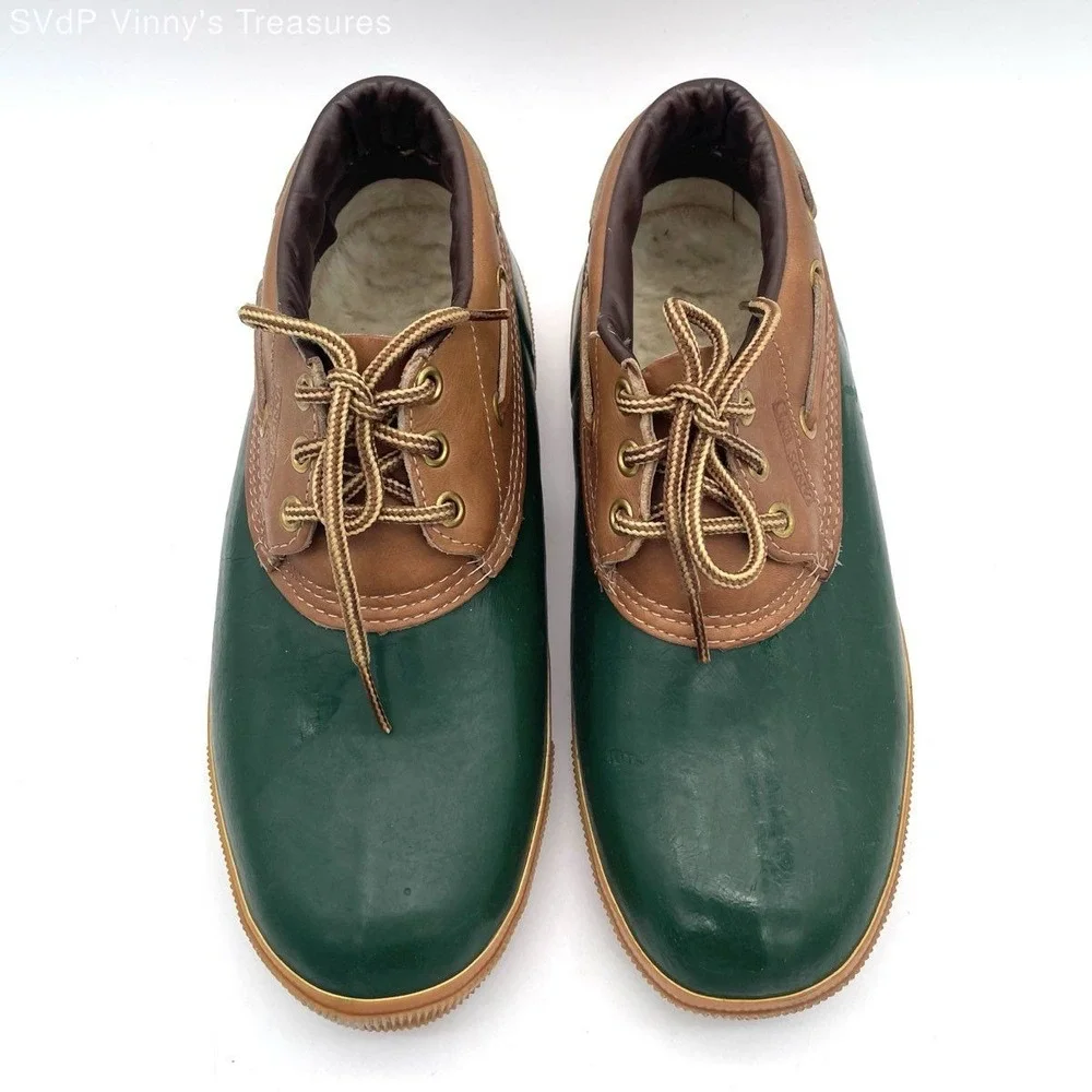 VTG Lands' End Insulated Duck Shoes Sz 8 Green Brown Rubber Leather Sherpa Lined